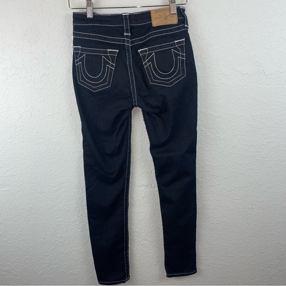 True Religion dark rinse skinny Jean with white contrast stitching